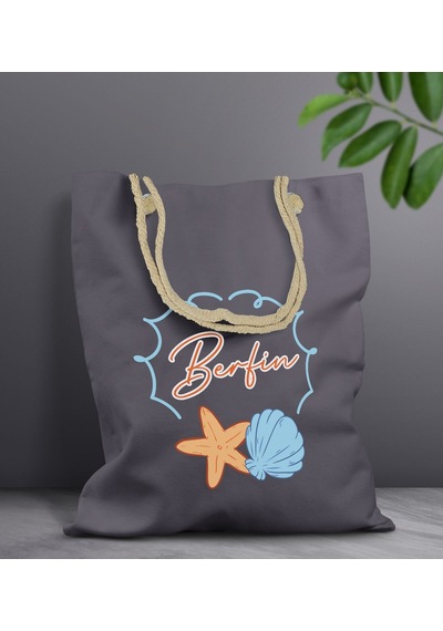 Bk Gift Kişiye Özel Yaz Temalı İsimli Antrasit Halat Saplı Kumaş Plaj Çantası -3, Baskılı Omuz Çantası, Alışveriş Çantası, Arkadaşa Hediye, Sevgiliye Gri