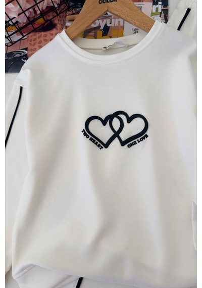 Minigimin Cicileri Two Hearts Şerit Detaylı Kız Çocuk Eşofman Takımı - Beyaz