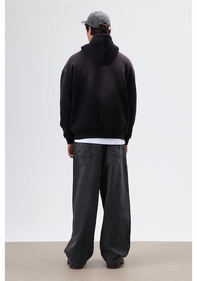 Vamos Oversize Baskılı Yıkamalı Hoodie Siyah