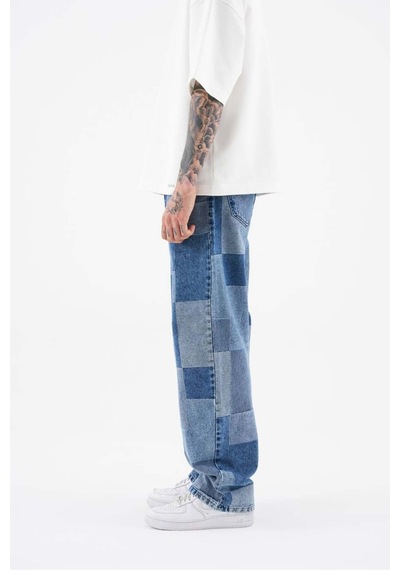 Açık Mavi Parçalı Desenli Baggy Jean Pantolon Mavi