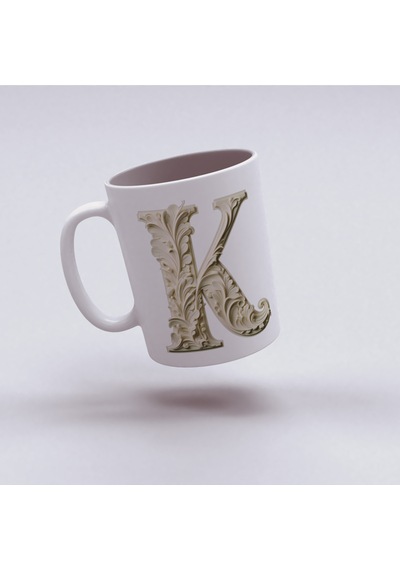 K Harfi Bardak, Monogram 330 Ml Barok Oymalı Görünüm Beyaz