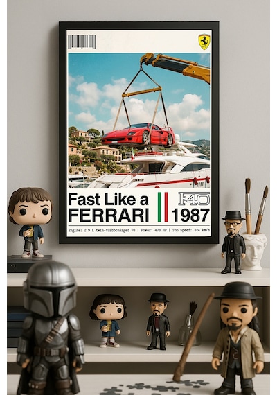 Ferrari F40 Siyah Ahşap Çerçeveli Poster, Dekoratif Araba Duvar Tablosu