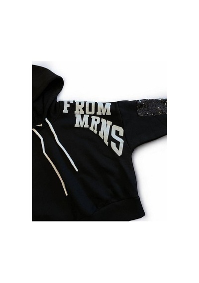 Kız Çocuk Simli Yazılı Kolları Pul Detaylı Crop Sweatshirt-15040 Siyah