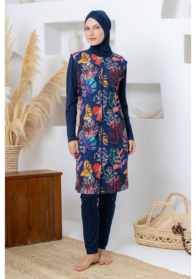 Rozamay 263303 Seneca Jileli Lycra Uzun Kollu Lacivert Dijital Desen Tesettür Mayo