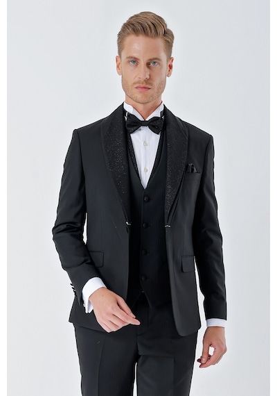 İmza Siyah Çizgili Çıkarılabilir Şal Yaka Yelekli 6 Drop Slim Fit Smokin Damatlık Takım 1001230212-Siyah