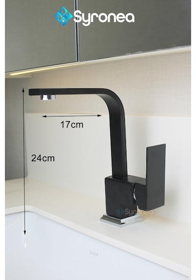 Siyah Kuğu Kare Banyo Lavabo Bataryası Sıcak Ve Soğuk Su Girişli Aç Kapa Musluk Siyah
