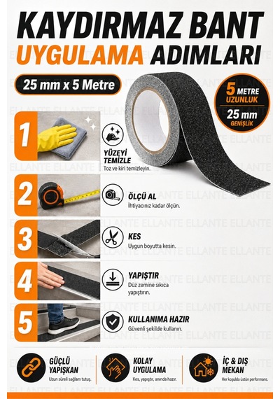 Kaydırmaz Bant 25 Mm X 5 Metre, Pütürlü Yüzeyli Güçlü Yapışkanlı Merdiven Banyo Rampa Zemin Güvenlik