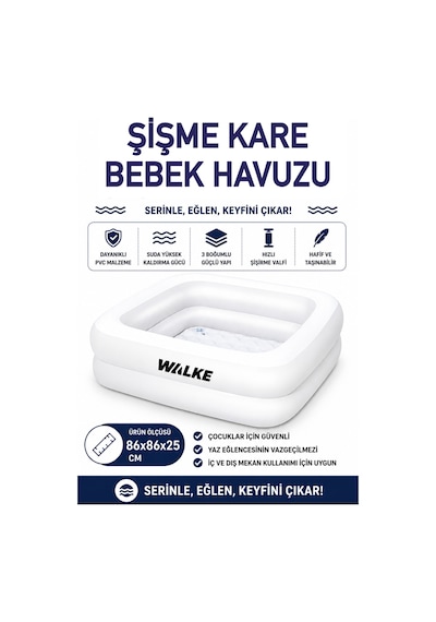 Walke Kare Şişme 86x86x25 Bebek Havuzu 2 Boğumlu Çocuk Havuzu Beyaz 14112