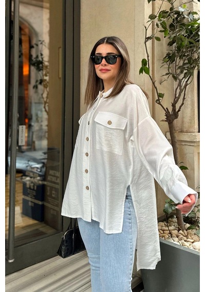 WeShaya Kadın Beyaz Balon Kol, Pileli, Yırtmaçlı, Oversize, Keten Tunik Gömlek Beyaz