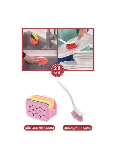 Bulaşık Yıkama 2 Li Set, Vantuzlu Bulaşık Süngeri Askısı Tutacağı Sıkacağı + Bulaşık Fırçası Seti