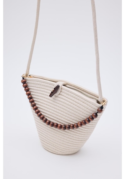 Shule Bags Piccolo Handmade Boncuk Detaylı Hasır Çanta Krem Krem