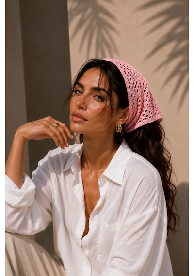 My Vintage Kadın File Örgü Bandana Yazlık Delikli Triko Saç Bandanası Plaj Uyumlu Pembe