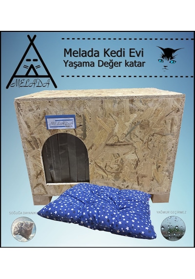 Melada Kedi Evi Dış Ortam Uygun Ahşap Kedi Evi Osb Minderli 61x41x36 Cm