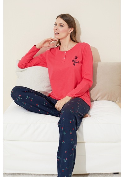 Siyah İnci Düğmeli Pamuklu Örme Pijama Takım 24240100 NAR ÇİÇEĞİ