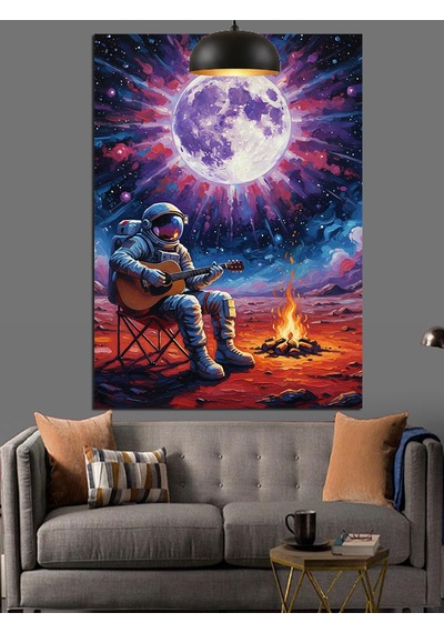 Ay Işığı Manzarasında Uzayda Gitar Çalan Astronot Dekoratif Kanvas - Mdf Ahşap Tablo