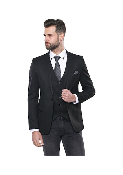 Düz Siyah Slim Fit Yelek Ceket Set Wessi 001