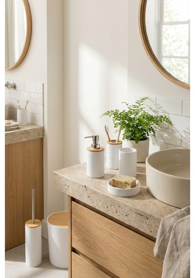 Makri Home 6 Parça Bambu Kapaklı Banyo Seti, Beyaz, Oval, Hacim: 8 Litre