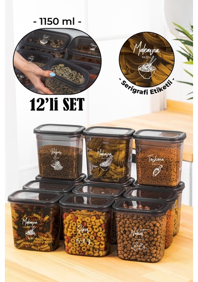 Vienev Beyaz Serigrafi Etiketli 12li Peggy Dikdörtgen Saklama Kabı Seti 1150 Ml Antrasit