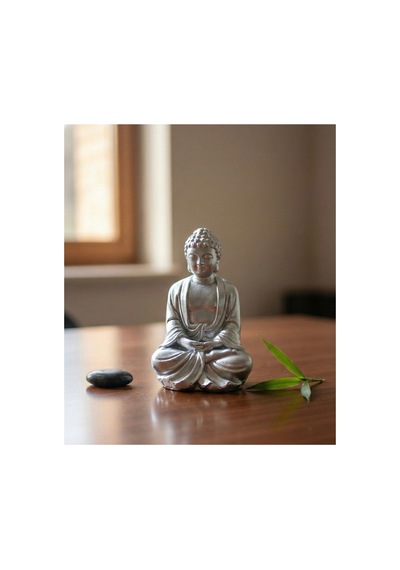 Meditasyon Yapan Buda Heykeli Zen Bahçesi Ve Yoga Köşesi Dekoru Spiritüel Biblo Gümüş