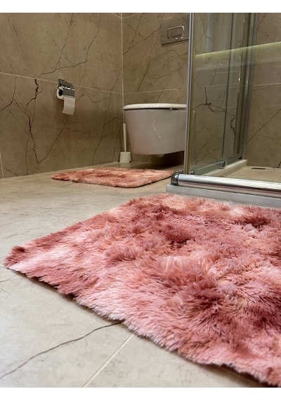Batik Tavşan Somon Kaymaz Tabanlı 2'li Banyo Halısı Seti
