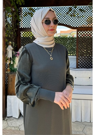 Rabia Şamlı Ebru Cupra Detaylı Triko Elbise Haki Normal