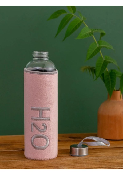 H2o Peluş Kılıflı Cam Matara 600 Ml Pembe