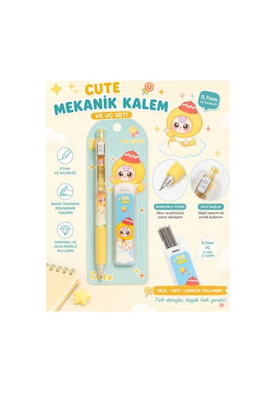 Sevimli Karakter Tasarımlı 0.7mm Mekanik Kalem Ve Uç Seti Sarı Sarı