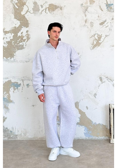 Gri Melanj Cozy Basic Yarım Fermuar Oversize Sweatshirt Gri Melanj