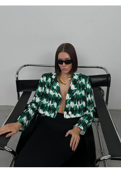 Yeni Sezon Desenli Simetrik Katlamalı Yaka Tek Düğme Crop Kadın Blazer Ceket 24s08012 Yeşil
