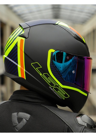 Rapid 2 Extra Race Full Face Motosiklet Kaskı Yarış Spoiler + Şeffaf + Gökkuşağı Vizörlü Mat Sarı - Mavi