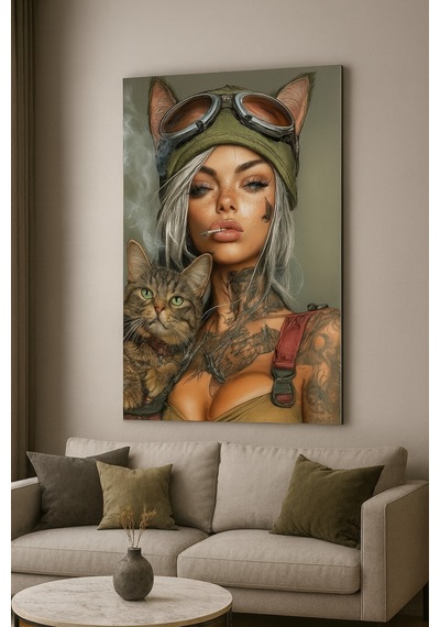 Savaşçı Kadın Ve Kedi Cam Tablo Güç, Özgürlük Ve Modern Sanat Teması