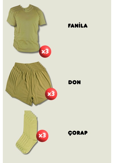 Outdoorun 3'lü Askerlik Seti Fanila Don Çorap - Temel Ve Bedelli Askerlik Malzemeleri Haki
