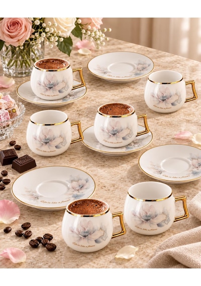 Valkyrie Magnolia Serisi 12 Parça 6 Kişilik 100 Ml Gold Çiçek Desenli Türk Kahvesi Fincan Takımı Beyaz Altın
