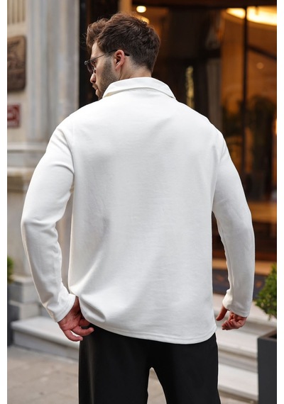 Madmext Ekru Yarım Fermuarlı Polo Yaka Dokulu Erkek Sweatshırt E7197