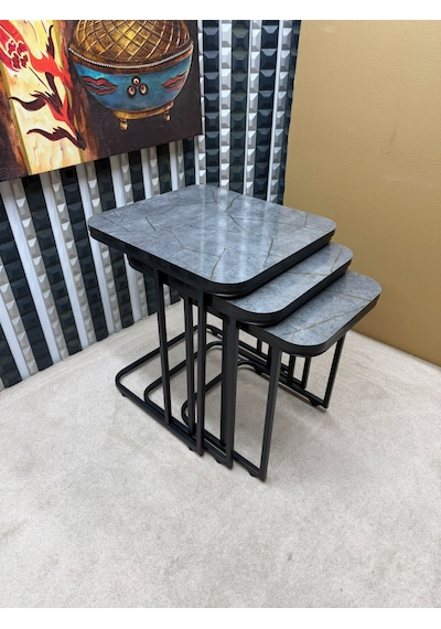 3 Lü Zigon Sehpa Seti Metal Ayaklı Ahşap Desen Tabla Modern Tasarım Gri