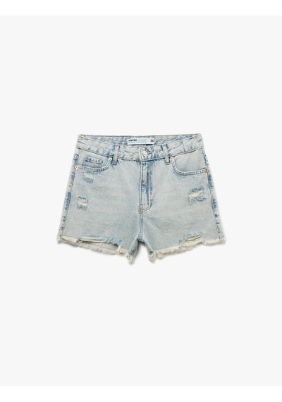 Koton Rahat Kalıp Pamuklu Püsküllü Paça Mini Denim Şort Açık İndigo 5sal40334md Açık İndigo