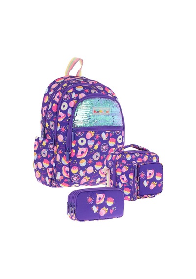 Kaukko Kids Kız Çocuk - Mor Pullu Şekerleme Desenli - Okul Çanta Seti Sırt Çantası+beslenme Çantası+kalemlik Mor