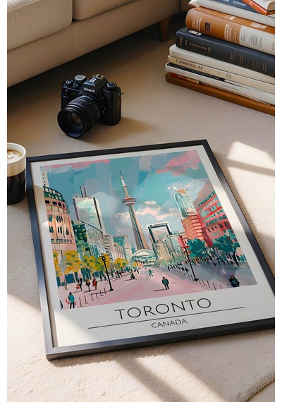 Toronto Kanada Temalı Çerçeveli Tablo Travel Serisi Modern İllüstrasyon Şehir Duvar Dekoru Siyah