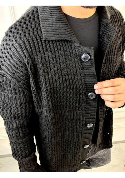 Elku Moda Hırka Oversize Özel Örgülü Triko Desenli Salaş Örgü Hırka Siyah