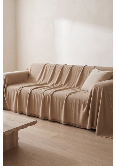 İskandinav Dokulu Pamuklu Saçaklı Koltuk Örtüsü Ve Koltuk Şalı Kaymaz Terletmez 180x300 Cm Bej