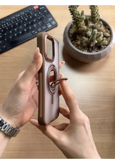 Apple Uyumlu iPhone 15 Pro Max Standlı Ve Yüzüklü Magsafe Kılıf Soocase721 Kahverengi