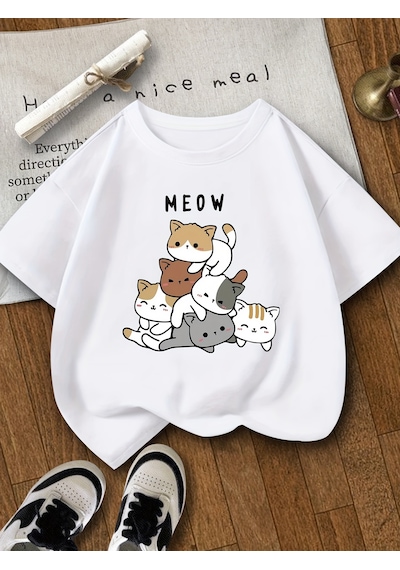 Uyguntarz Çocuk Meow Baskılı Pamuklu Tshirt Beyaz