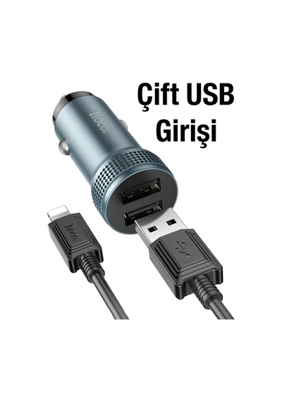 Hoco Z49 Çift Usb Girişli Araç Şarj Başlık + Usb To Apple     Uyumlu iPhone Lightning Kablo- 5775
