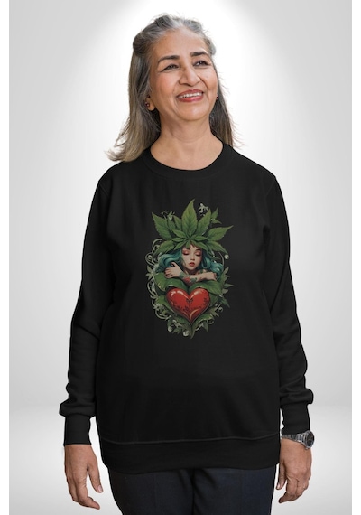 Kalp Parmak Kız Yeşillik Mutluluk Unisex Siyah Baskılı Sweatshirt Siyah