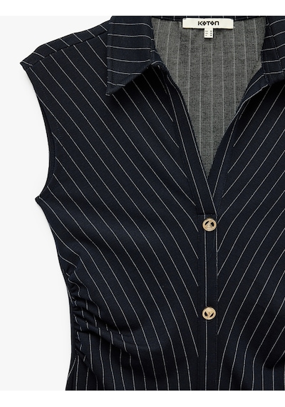 Koton Slim Fit Kolsuz Midi Boy Süslü Düğmeli Kolsuz Çizgili Gömlek Elbise Lacivert Çizgili 7wak80032ek