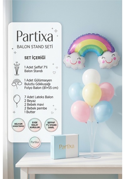 Gülümseyen Bulutlu Gökkuşağı Balon Stand Seti Şeffaf 7 Li Stand + Gökkuşağı Folyo Balon 81 55 Cm + 7 Lateks Balon