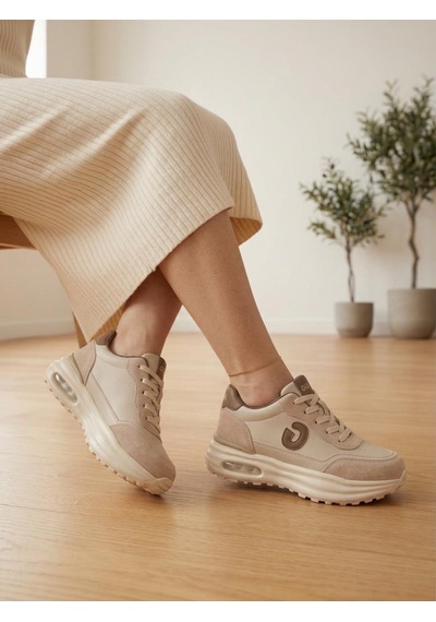 Guja 318-4 Kadın Kalın Taban Bağcıklı Sneaker Ayakkabı Bej