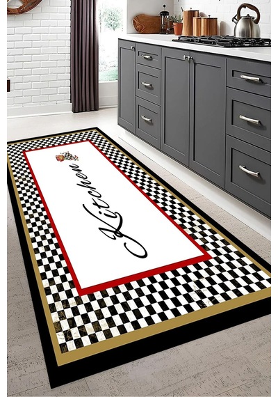 Dijital Baskılı Renkli Kitchen Desenli Dekoratif Yıkanabilir Kaymaz Taban Mutfak Halısı Çok Renkli