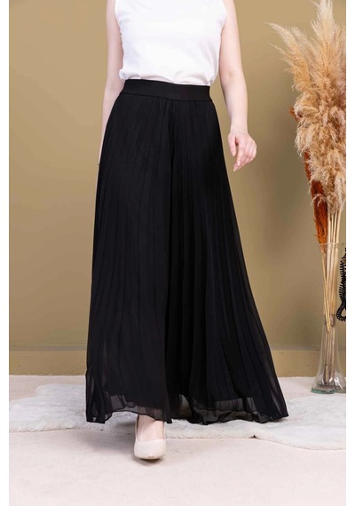 Lodmela Beli Lastikli Pliseli Şifon Pantolon 6030-siyah Siyah