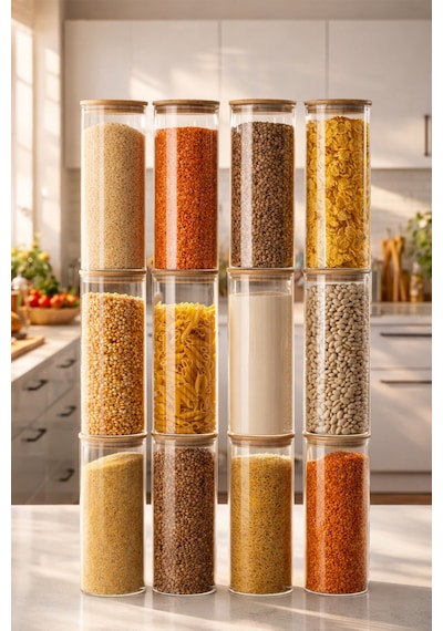 Porsima 4-4 Bambu Vakumlu Kapaklı Yuvarlak Cam 12li Kavanoz Seti Saklama Kabı 2100ml 10x30cm